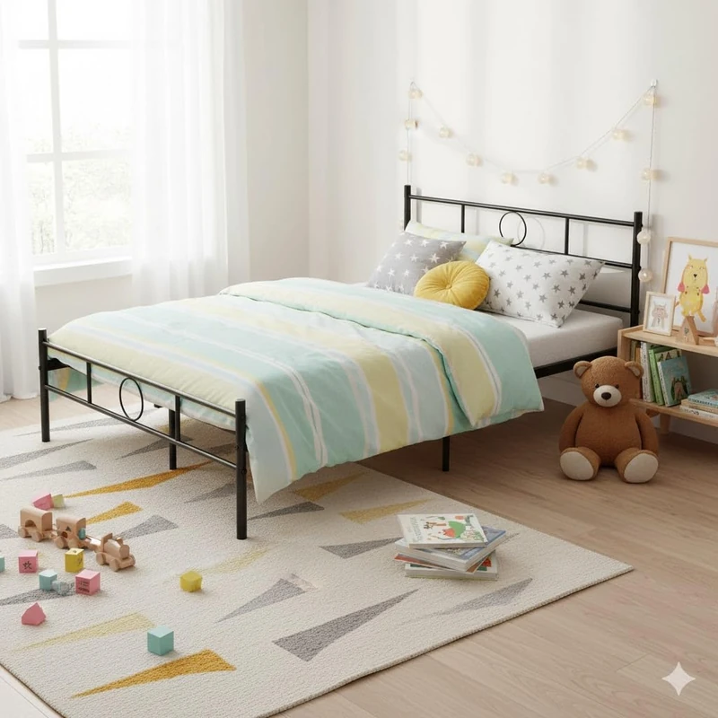 FurnitureR Kids Metal Bed Frame with Headboard and Footboard, Sturdy Steel Platform Bed with Circle Design, Noise-Free Structure, Easy Assembly, Black Finish, 197×141cm