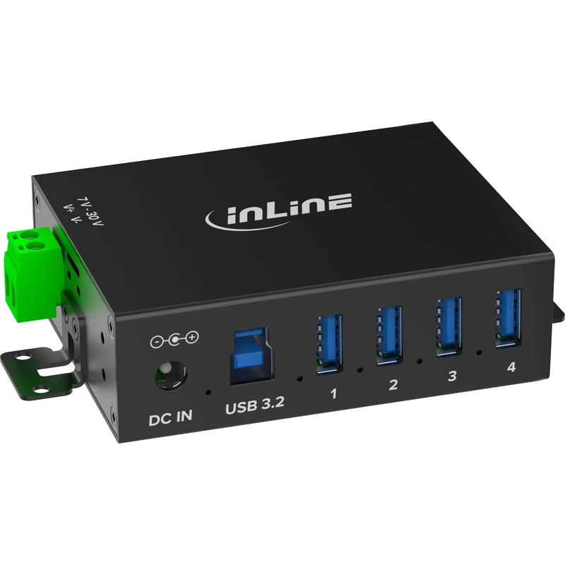 Inline USB 3.2 Gen.1 Industrial Hub with 4 Ports, Aluminium Housing, DIN Rail Mount, Active USB Hub with Power Supply, 5Gb/s, 35396A