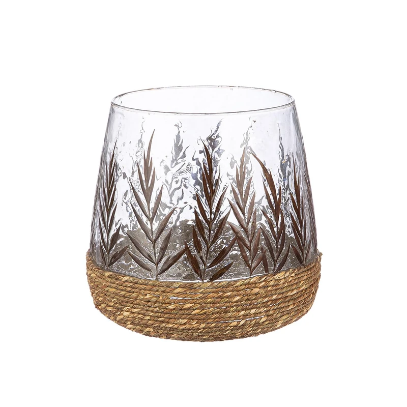 GILDE Greenery Glass Lantern – Conical – Leaf Design – Green – Height 20 cm x Diameter 20 cm – Candle Holder