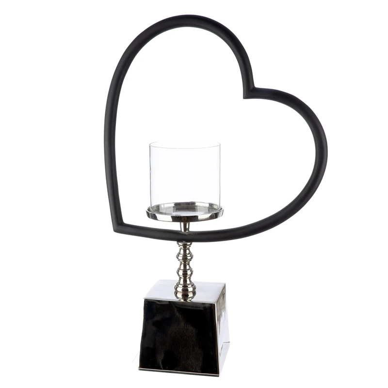 GILDE Te Quiero Lantern Heart Shape Aluminium and Glass Shiny Nickel-Plated Black/Silver Height 49 cm x Width 33 cm - Image 1