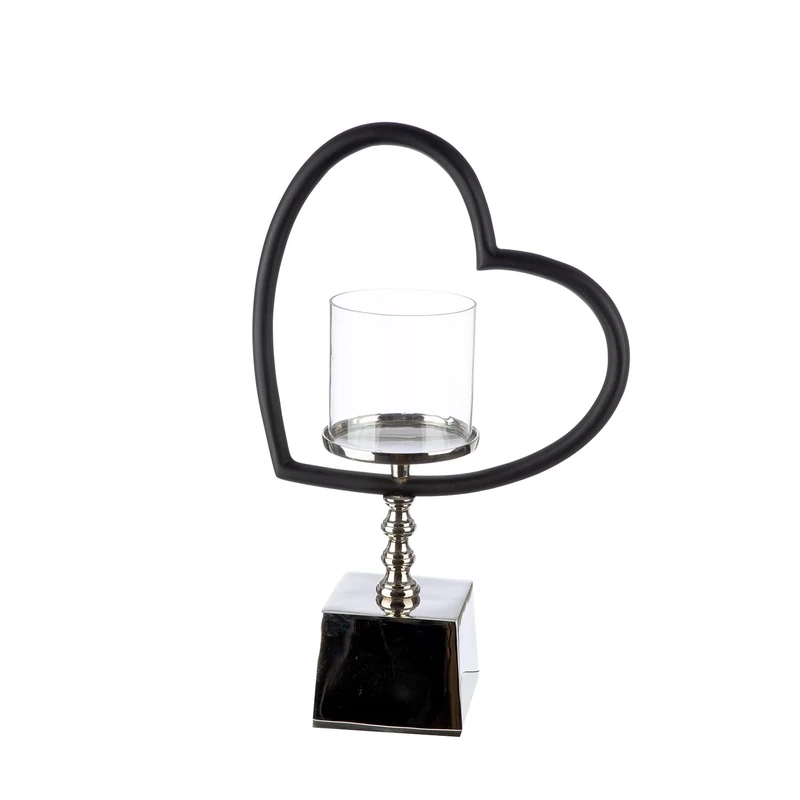 GILDE Te Quiero Lantern Heart Shape Aluminium and Glass Shiny Nickel-Plated Black/Silver Height 40 cm x Width 27 cm