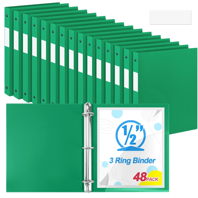 Henoyso 48 Pcs 3 Ring Binder 1/2'' Round Fits Letter Size 8. 5'' x 11'' Paper Plastic Flexible Binder Holds 100 Sheets with 1 Pockets Versatile Organizer for Office Home School (Green)