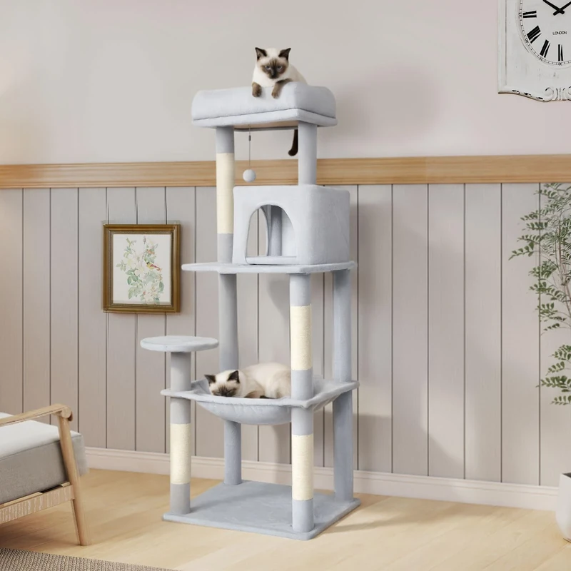 Skylos Floor-to-Ceiling Cat Tree, Large 51x41cm Hammock, Multi-Level Climbing Tower with Extra Scratching Posts, Spacious Cat House & Platforms, Safe & Sturdy Design with Anti-Tip Protection