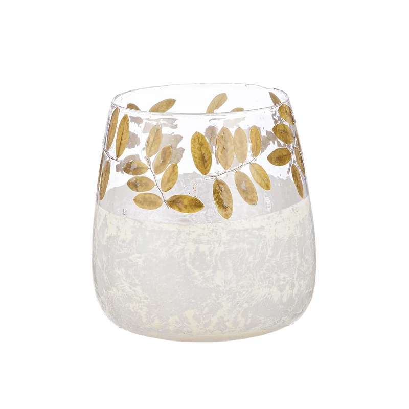 GILDE Foliage Glass Lantern – Conical Leaf Design – Green/White – Height 20 cm x Diameter 19 cm – Candle Light