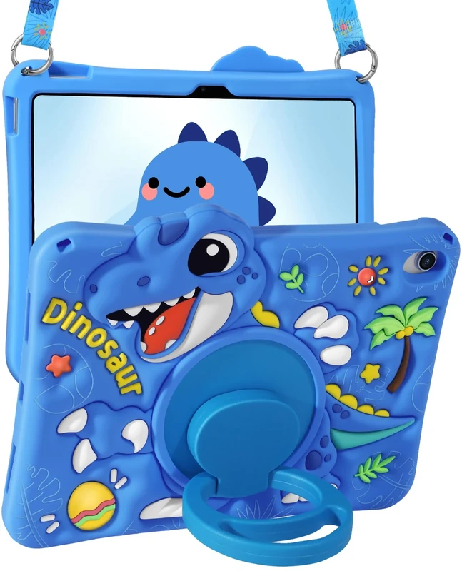Kokaade for iPad 10th Generation Case - for iPad A16 Case 11 Inch with Shoulder Strap & Rotating Stand, Soft Silicone Cute Cartoon Blue Dinosaur for Boys Kids