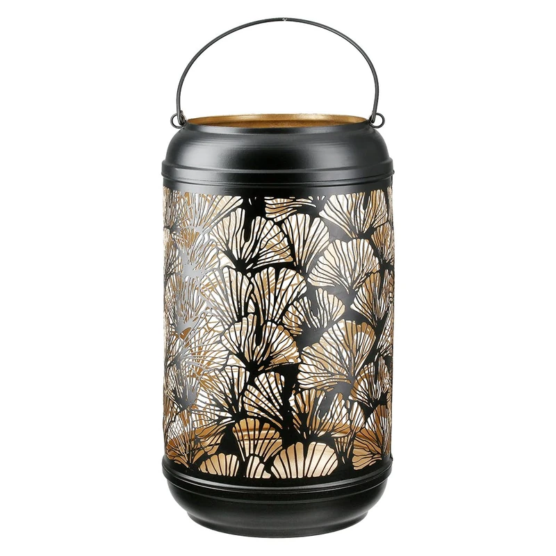 GILDE Ginkgo Lantern Metal – Matt Black – Height 36 cm x Diameter 20 cm – Decorative Pattern – Lantern