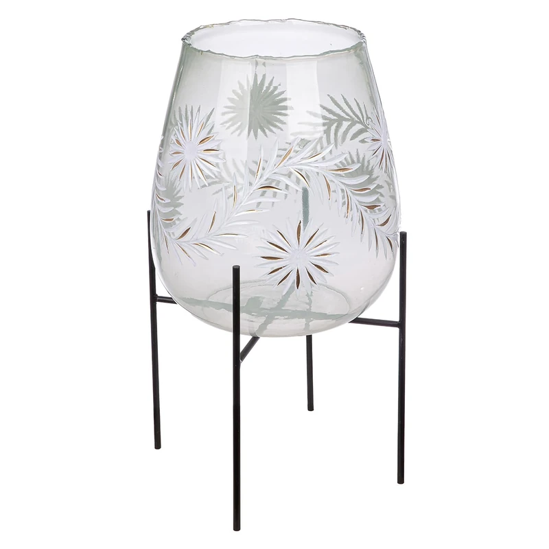 GILDE Diore Glass Lantern - Flower Design - Clear - Height 50 cm x Diameter 24 cm - Candle Holder - Image 1