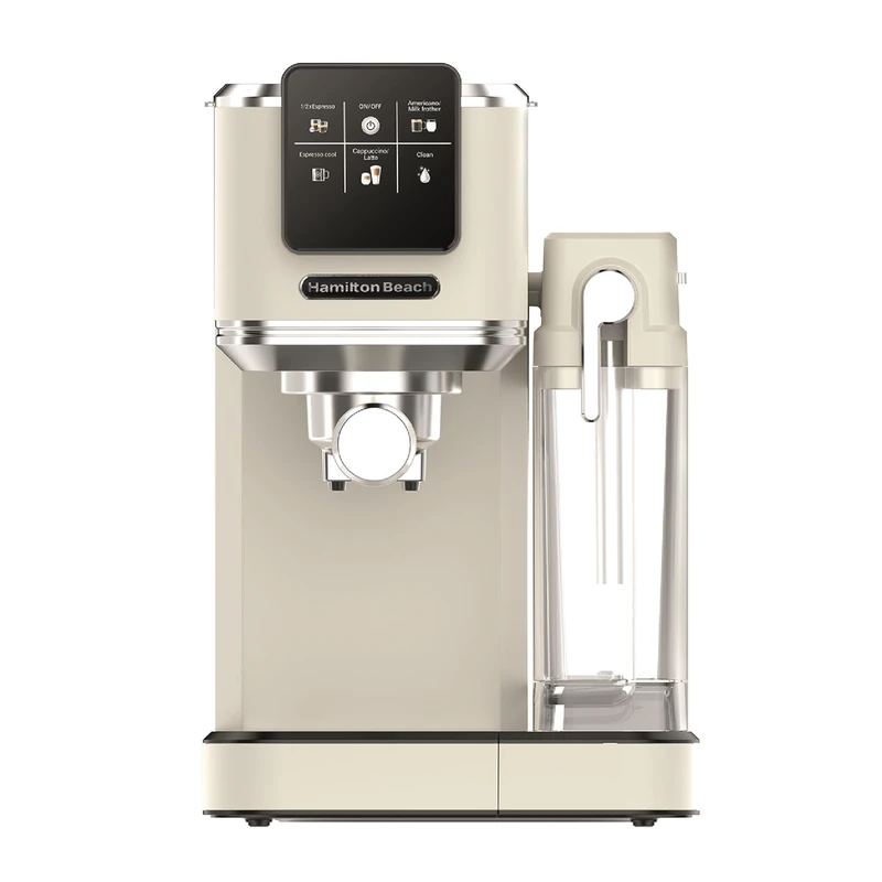 Hamilton Beach Espresso Coffee Machine, BaristaPro+ 8-in-1, Compact Stainless Steel, LCD Touch Screen Control, Integrated Milk Frother, 20-Bar Pressure & Fast Heat, Hot & Iced Coffee, Cream - HBC7210C