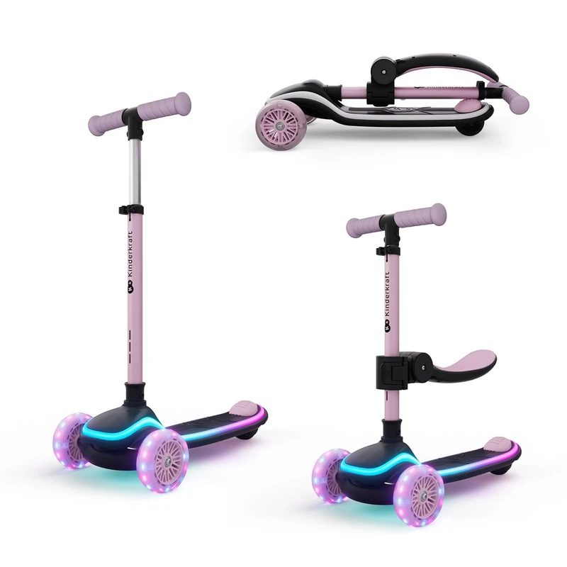 Kinderkraft RAKET UP 2-in-1 Kids Scooter with Seat, Foldable Toddler Scooter with LED Deck, RGB Light-Up Wheels, Adjustable Handlebar and Seat, Pink - Image 1