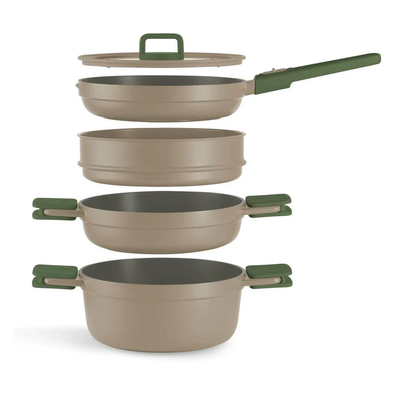 Bra Compac Pro Ceramic 5-Piece Stackable Cookware Set, Cast Aluminium with Ceramic Nonstick, Compatible with All Hobs Including Induction