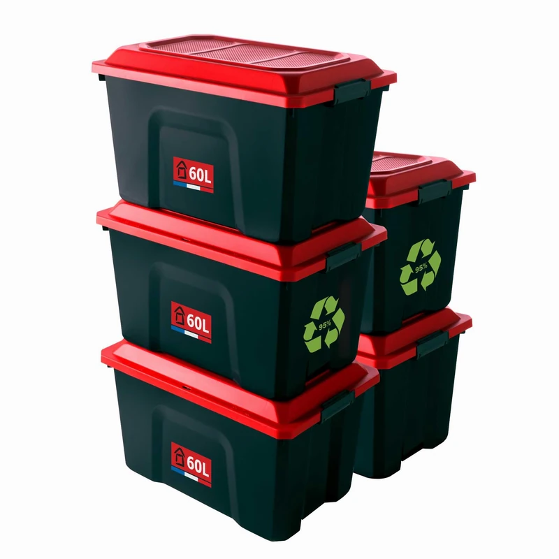 SUNDIS Locker Storage Box with Lid, Recycled Plastic, Pack of 5, 60L, Stackable and Stackable, Ideal for Workshop, Transport, Garage, DIY
