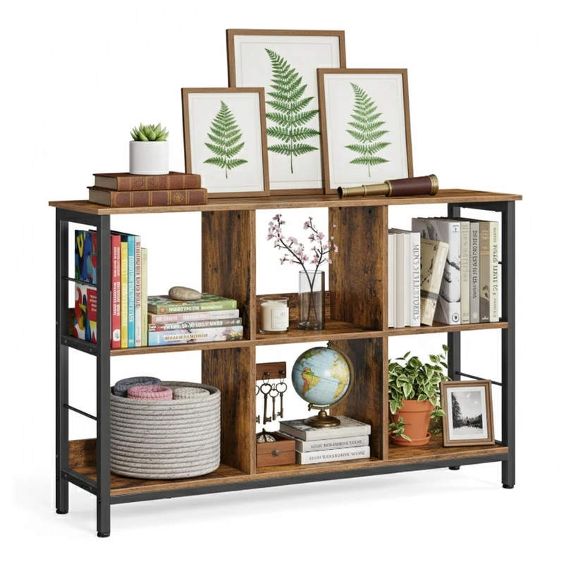 Relaxdays Industrial Shelf, 6 Compartments, Wood Finish, Vintage Bookcase, HWD: 80x120x33 cm, Side Unit, Black/Brown