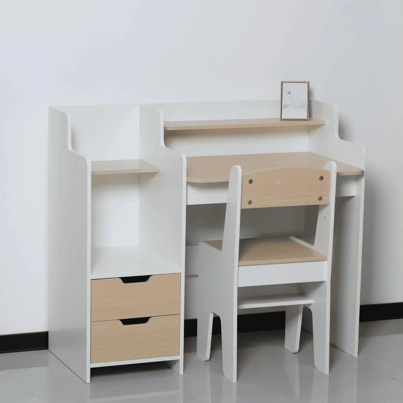 Home Source Scribbly Kids Desk & Chair Set – White & Natural Wood Two-Tone – Children’s Study Desk with Drawers & Shelves – Ideal for Homework, Reading & Arts – MDF Furniture, Flat Packed
