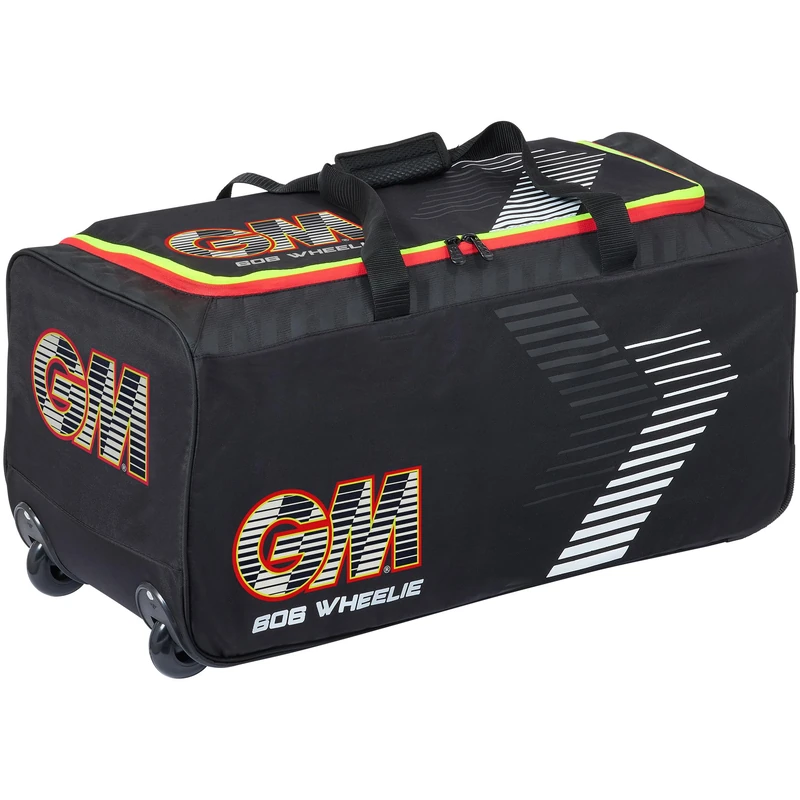 Gunn & Moore GM | 606 Wheelie Cricket Bag Holdall | Enginneered Wheel Housing | Padded Carry Handles for Comfort | Volume - 67 litres | Tough 600 Denier Polyester | Black Red & Yellow