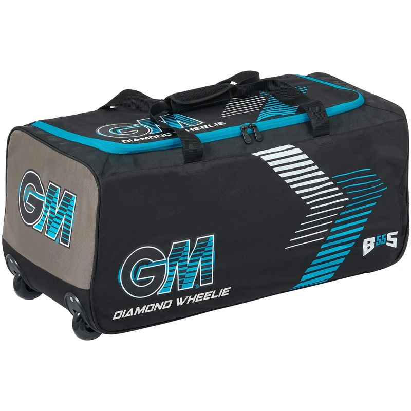 GM | Diamond Ben Stokes Wheelie Cricket Bag Holdall | Enginneered Wheel Housing | Padded Carry Handles for Comfort | Volume - 67 litres | Tough 600 Denier Polyester | Black Grey & Blue | Gunn & Moore