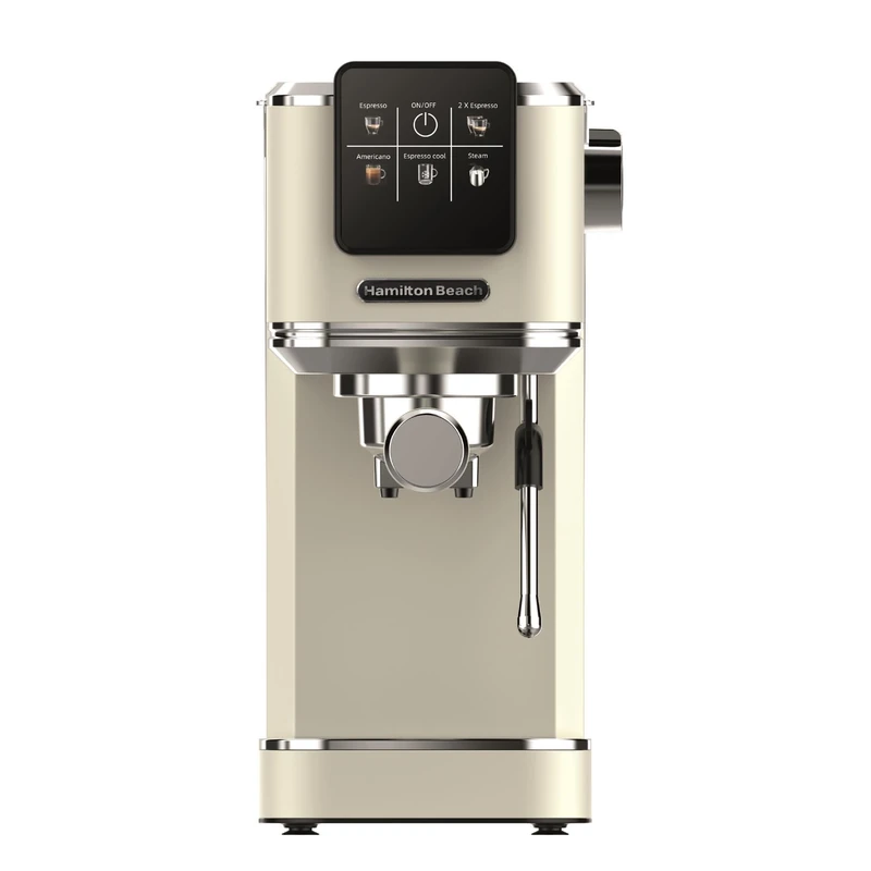 Hamilton Beach Espresso Coffee Machine, BaristaPro 5-in-1, Compact Stainless Steel, LCD Touch Screen Control, Steam Milk Frother, 20-Bar Pressure & Fast Heat, Hot & Iced Coffee, Cream - HBC5210C