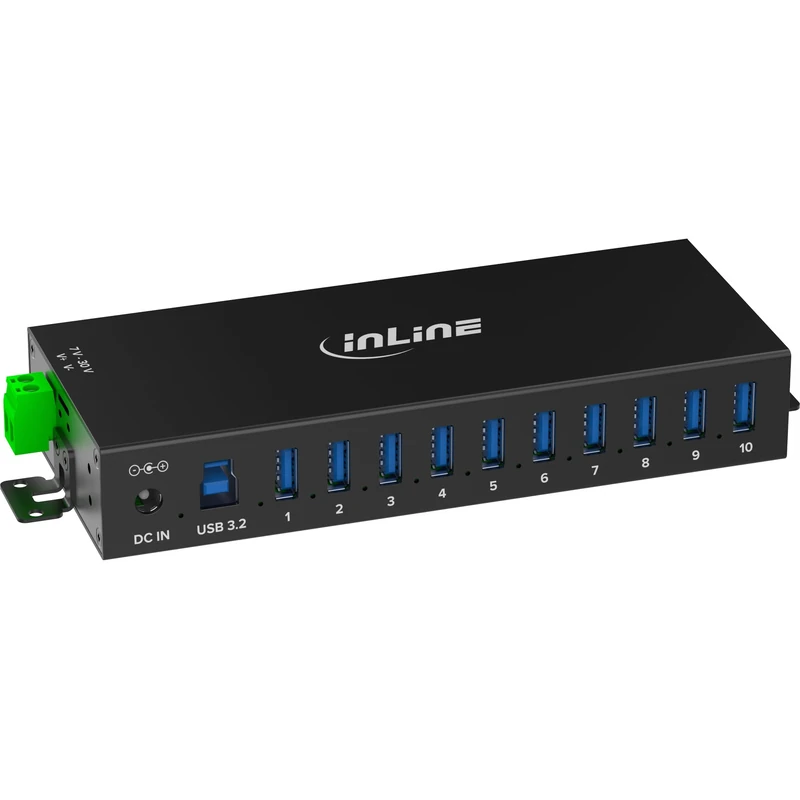 Inline USB 3.2 Gen.1 Industrial Hub with 10 Ports, Aluminium Housing, DIN Rail Mount, Active USB Hub with Power Supply, 5Gb/s, 35396C