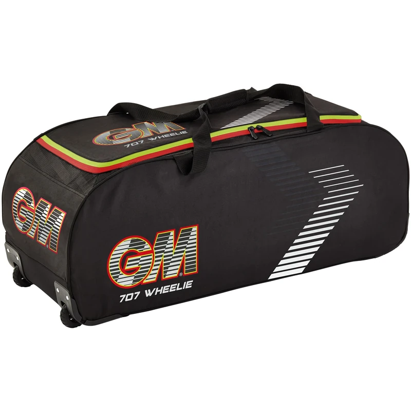 Gunn & Moore GM | 707 Wheelie Cricket Bag Holdall | All-Terrain Wheels | Padded Carry Handles for Comfort | Volume 92 litres | Tough 600 Denier Polyester | Black Red & Yellow