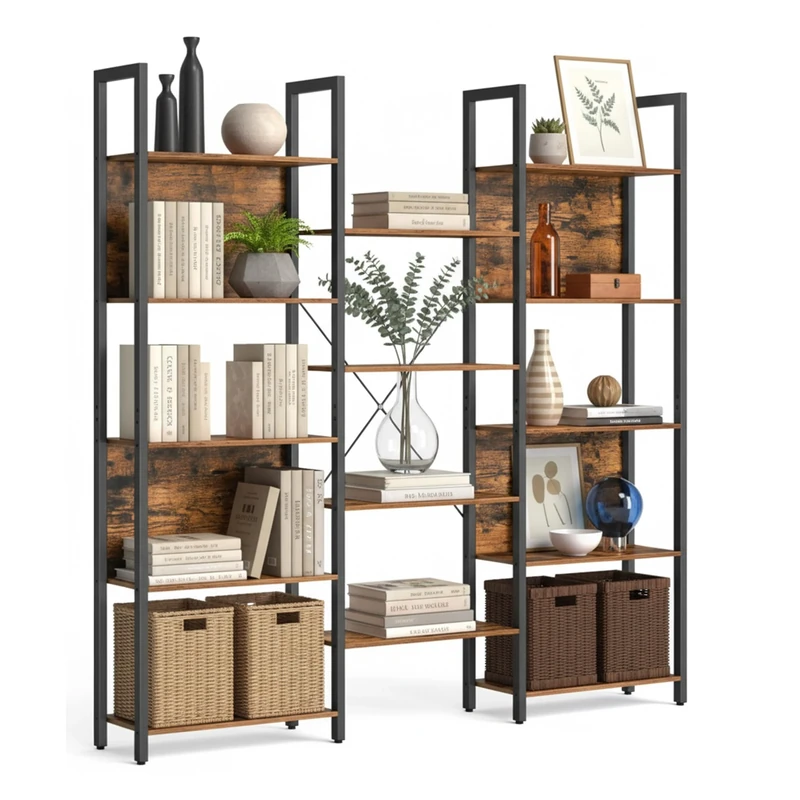 Relaxdays Industrial Bookshelf, 14 Shelves, Wood Look, Metal Frame, HWD: 166 x 158 x 24 cm, Vintage Brown, Fibreboard, Iron