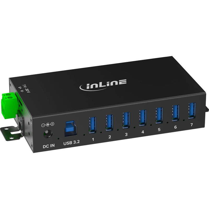 Inline USB 3.2 Gen.1 Industrial Hub with 7 Ports, Aluminium Housing, DIN Rail Mount, Active USB Hub with Power Supply, 5Gb/s, 35396B