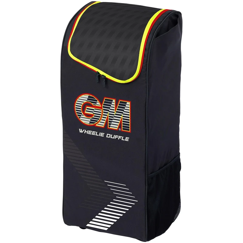 GM | Rival Wheelie Duffle Cricket Bag Holdall | Sleeve for 1 Bat | Adjustable Comfort Straps | Shoe Tunnel | Volume - 55 litres | Tough 600 Denier Polyester | Black Red & Yellow | Gunn & Moore