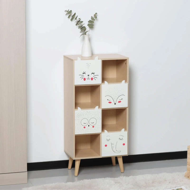 Home Source Kids Storage Cabinet – White Wooden Toy & Book Organiser with Animal Print Drawers – Children’s Storage Unit with Shelves & Wooden Legs – MDF Furniture, Flat Packed