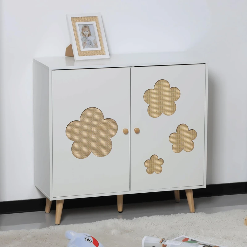 Home Source Kids Cabinet – White Wooden Storage Cupboard with Rattan Daisy Design – Children’s Toy & Book Cabinet with Twin Doors – MDF Furniture with Wooden Legs – Flat Packed