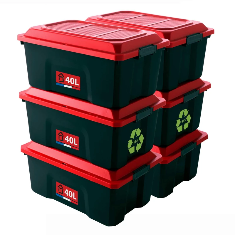 SUNDIS Locker Storage Box with Lid, Recycled Plastic, Set of 6, 40L, Stackable and Stackable, Ideal for Workshop, Transport, Garage, DIY