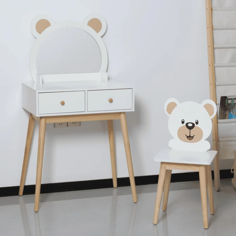Home Source Kids Dressing Table & Chair Set – White Wooden Children’s Vanity with Bear Mirror & Drawers – Cute Kids Bedroom Furniture with Pine Legs – MDF, Flat Packed