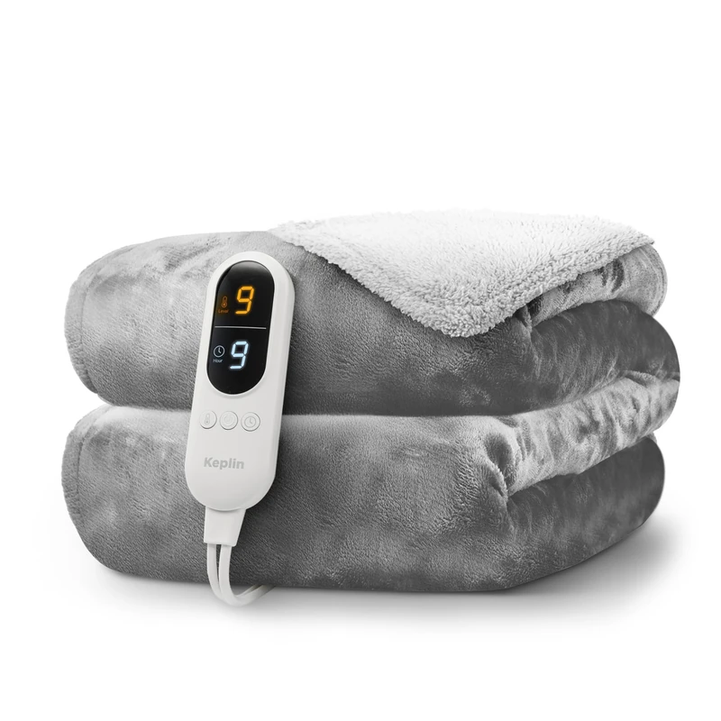 KEPLIN Large Electric Heated Throw Blanket - Electric Blanket Throw for Bedspread with 9 Heat Settings & Timer, Machine Washable Fleece Wool Duvet|160x130cm - Grey & Grey Sherpa