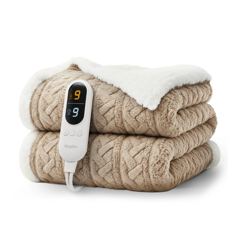 KEPLIN Large Electric Heated Throw Blanket - Electric Heated Blanket Throw for Bedspread 9 Heat Settings & Timer, Machine Washable Fleece Wool Duvet with 1 Year Warranty-Taupe & Cream Jacquard Sherpa