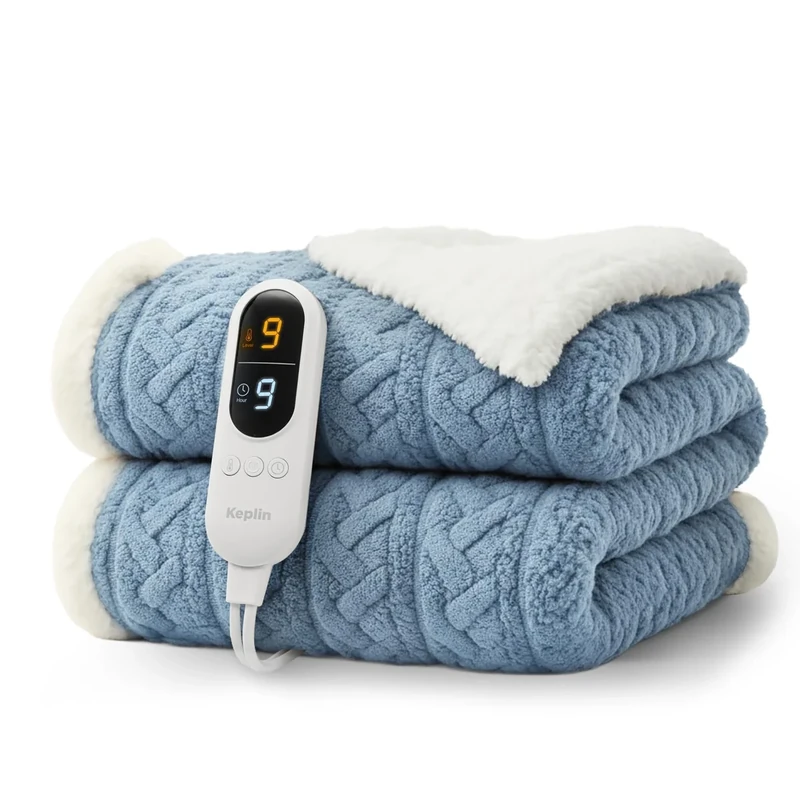 KEPLIN Large Electric Heated Throw Blanket - Electric Heated Blanket Throw for Bedspread 9 Heat Settings & Timer, Machine Washable Fleece Wool Duvet with 1 Year Warranty- Blue & Cream Jacquard Sherpa