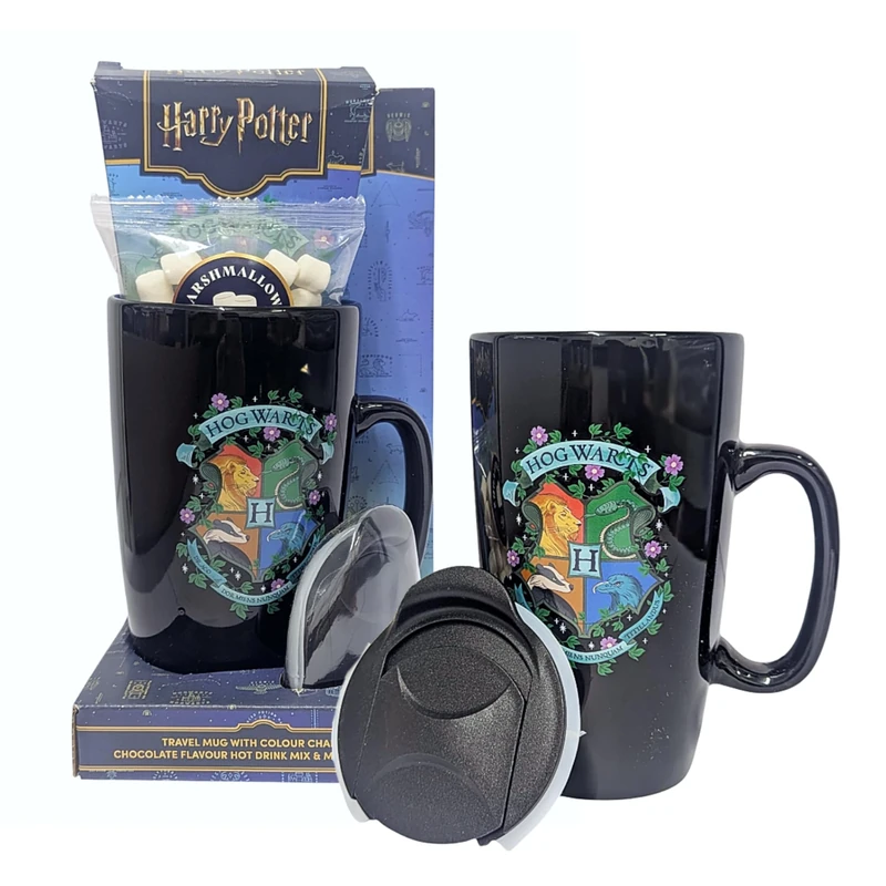 Harry Potter Mug & Hot Chocolate Gift Set - Ceramic Travel Mug with Colour Changing Hot Chocolate Drink. Harry Potter Gifts for Stocking Fillers, Christmas Gifts for Kids (Black)