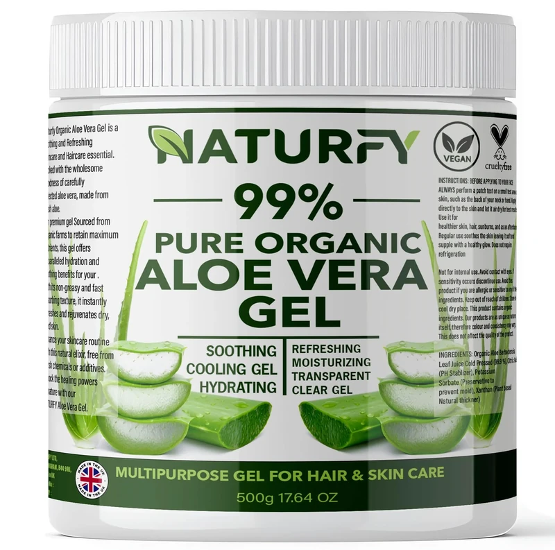 NATURFY Pure Aloe Vera Gel Made From Freshly Cut Aloe for Face, Hair & Body Suitable For All Skin & Hair Types Organic Soothing Moisturiser For After Sun Care Acne Vegan & Cruelty-Free 500gm