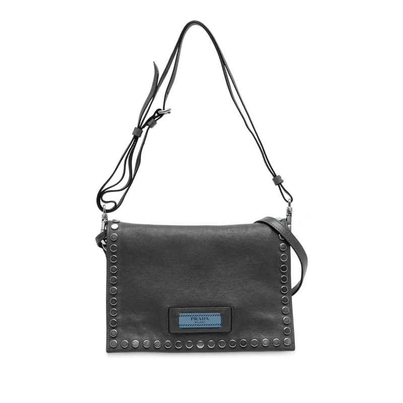 Prada Pre-Loved Glace Calfskin Studded Etiquette Flap Crossbody Bag