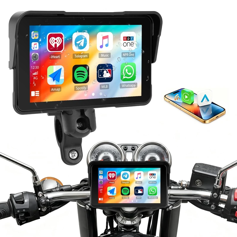 CAMECHO [2025 NEW] 5-Inch IPS HD Wireless Motorcycle Carplay Dashcam, Wireless CarPlay & Android Auto, IP68, Universal Bluetooth Monitor with GPS Sat Nav EQ Adjustment for Motorbike