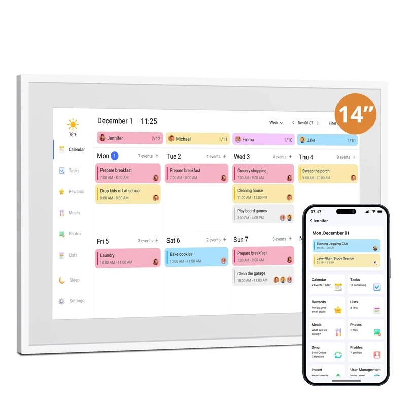 Dragon Touch 14 Inch Digital Calendar Wall - 1920 x 1080 FHD Electronic Wall Calendar Family Planner with 32GB Memory and Wall Mount, Touchscreen Intelligent Desk Calendar, White