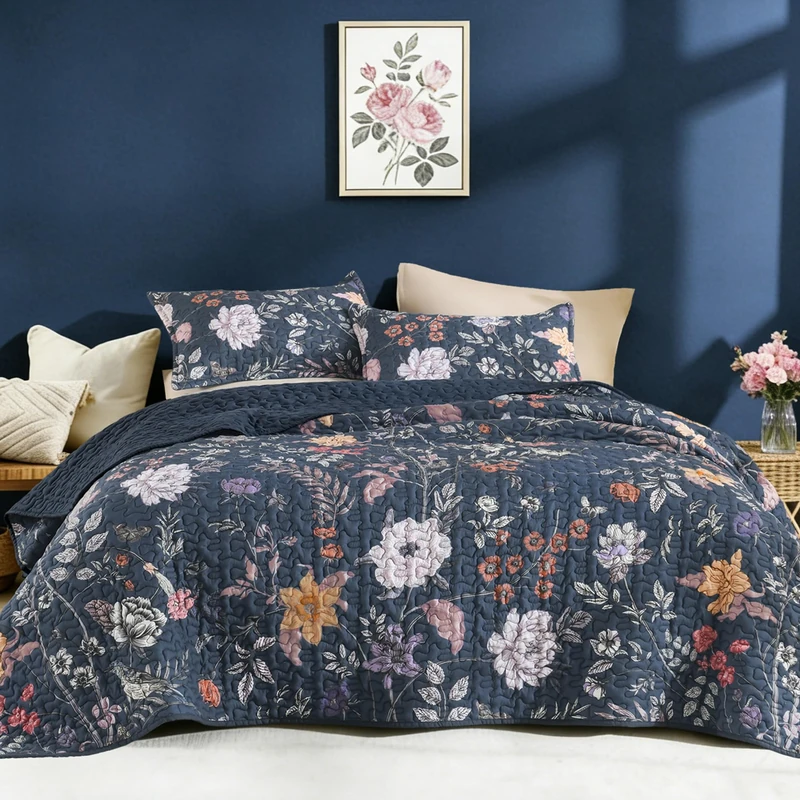 Litanika Floral Dark Blue Quilt King - 3Pcs Botanical Birds Bedding Set