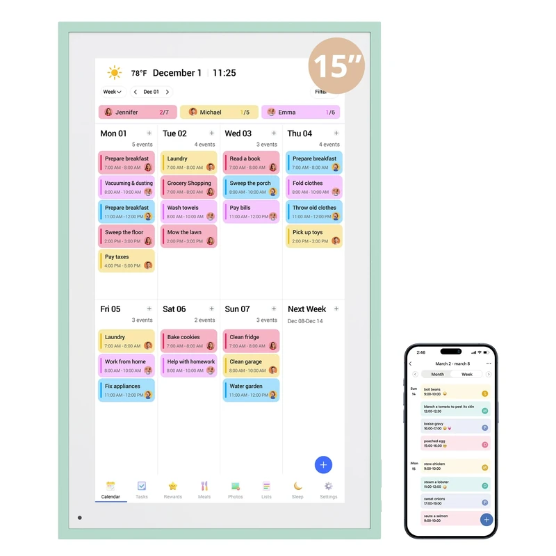 Dragon Touch 15.6" Digital Calendar, Mint Green, 2026 Family Wall Planner, 1080P Full HD Interactive Touchscreen, Smart Chore Chart and Home Organization, Gift for Busy Families Scheduling