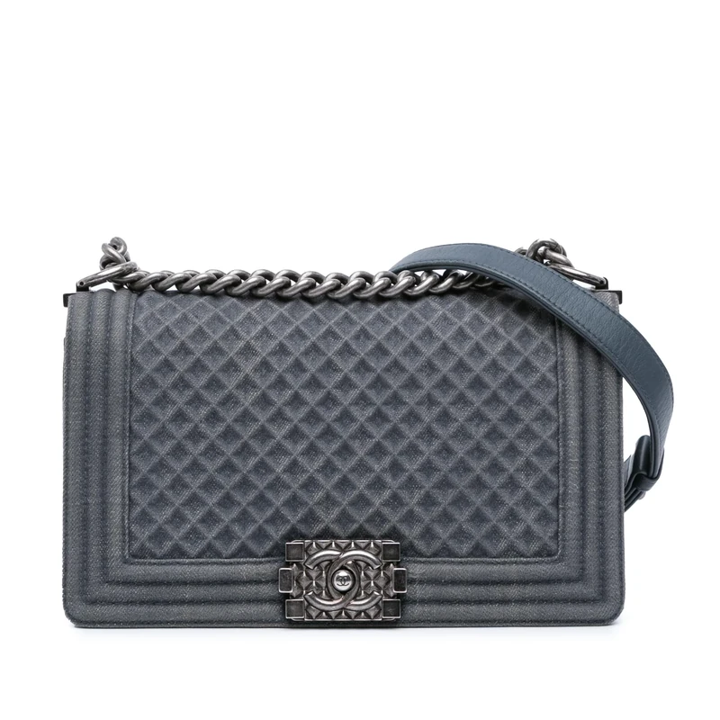 Chanel Pre-Loved Medium Embossed Denim Boy Flap Crossbody Bag