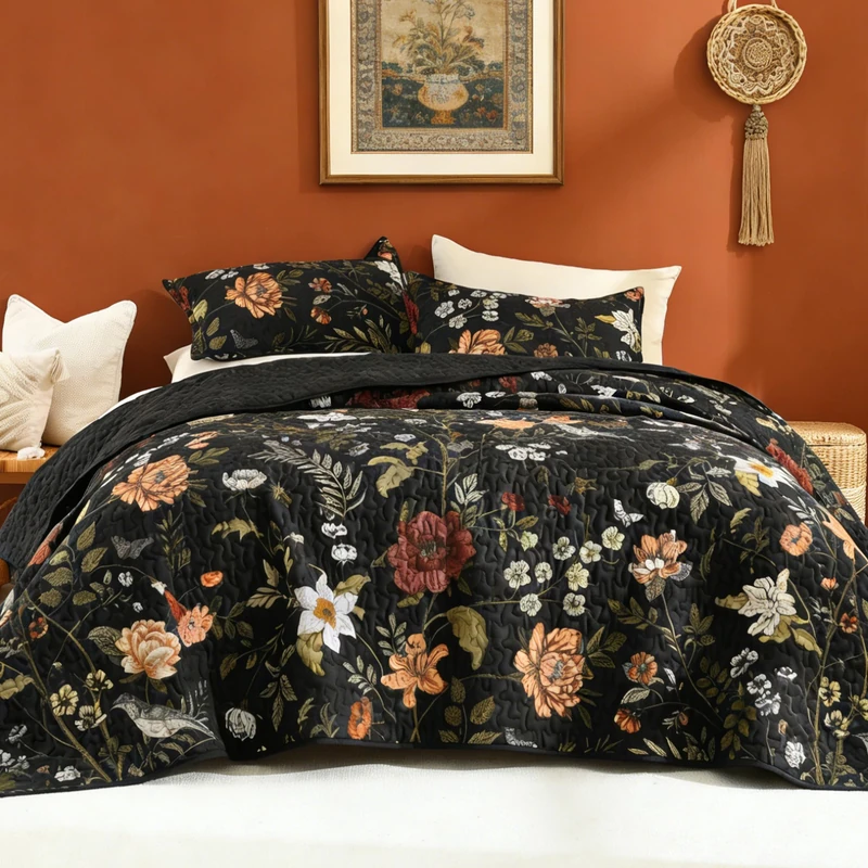 Litanika Floral Black Quilt California King - 3Pcs Botanical Birds Bed Set
