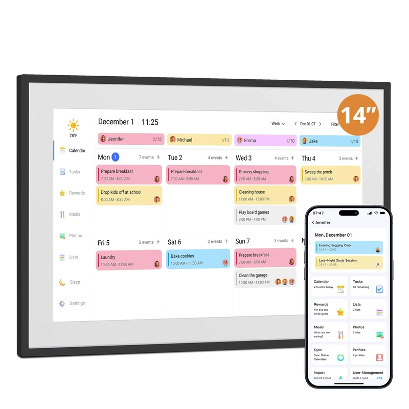 Dragon Touch 14 Inch Digital Calendar Wall - 1920 x 1080 FHD Electronic Wall Calendar Family Planner with 32GB Memory and Wall Mount, Touchscreen Intelligent Desk Calendar, Black