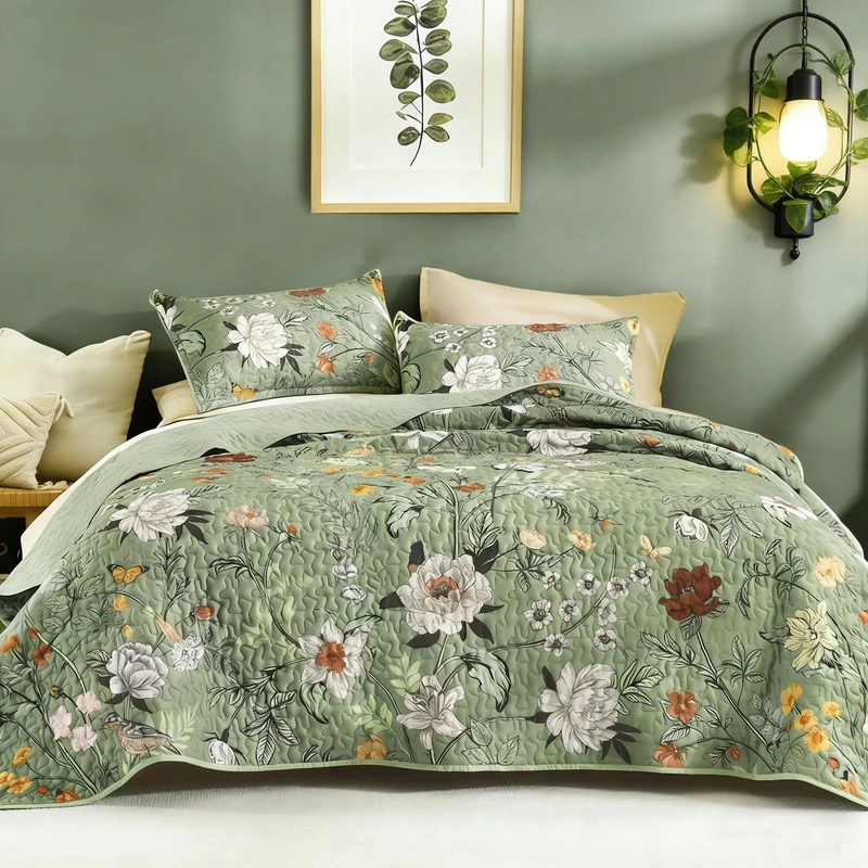 Litanika Floral Green Quilt California King Size - 3 Pieces Cal King Sage Botanical Birds Pattern Quilt Bedding, Spring Lightweight Soft Coverlet for All Seasons (112"x104")
