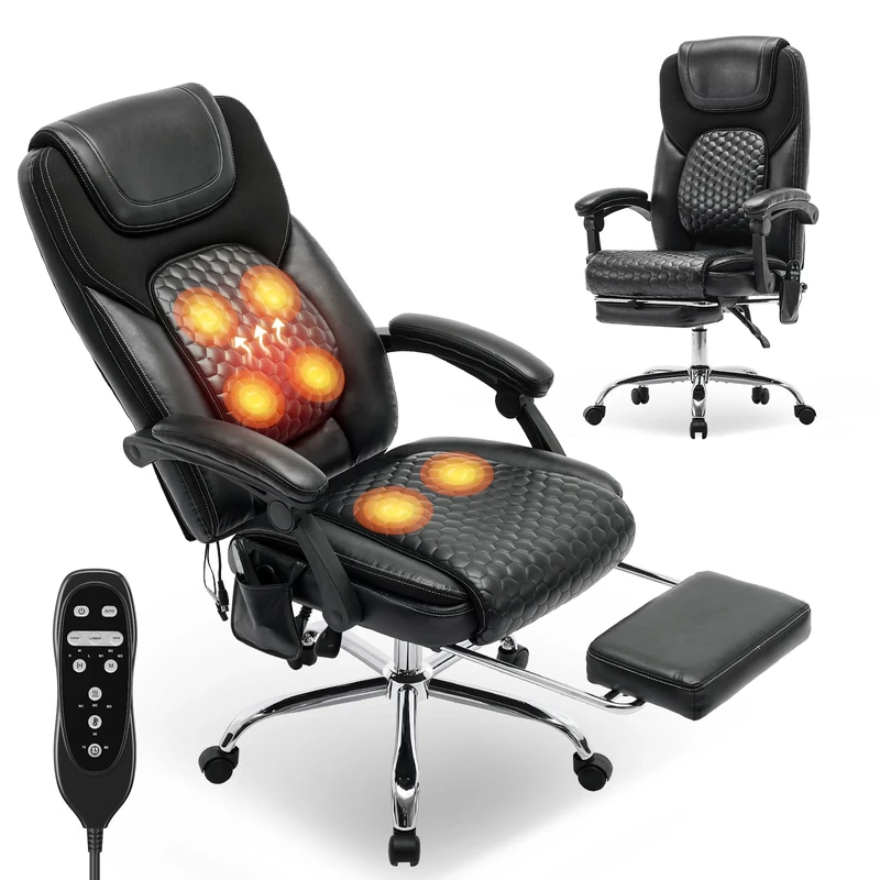 COLAMY Massage Office Chair with Footrest & Heated Lumbar Support – Ergonomic Executive Desk Chair with Reclining Back, Adjustable Height, Swivel & Padded Armrests for Home Office