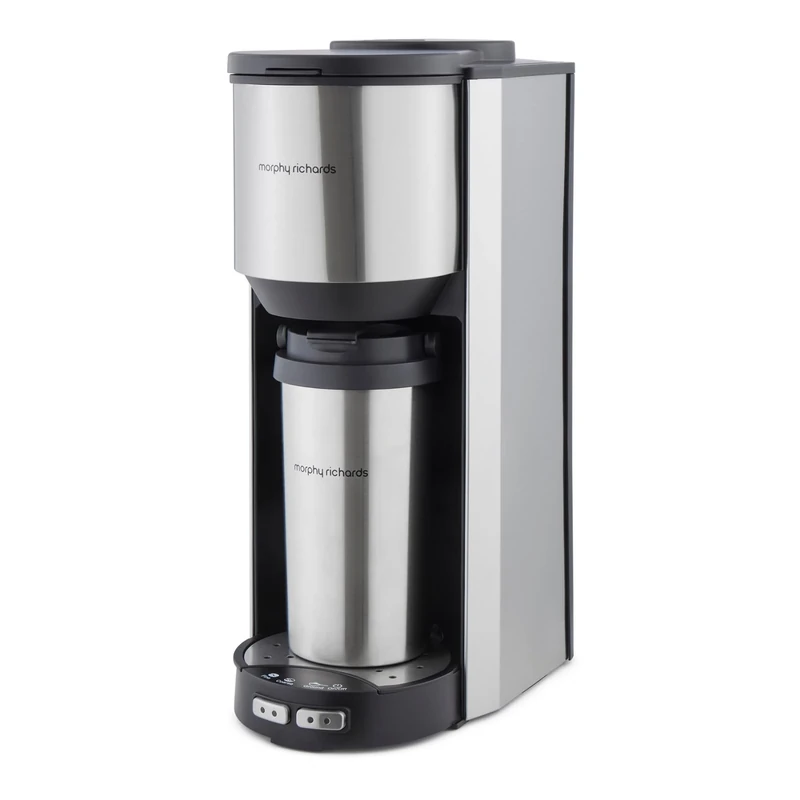 Morphy Richards Tazza Pour & Go, Single Cup Coffee Machine, Includes Travel Mug, Bean To Cup, 35g Integrated Grinder, Easy Operation, Coffee On The Go, 900W, Stainless Steel, 162105