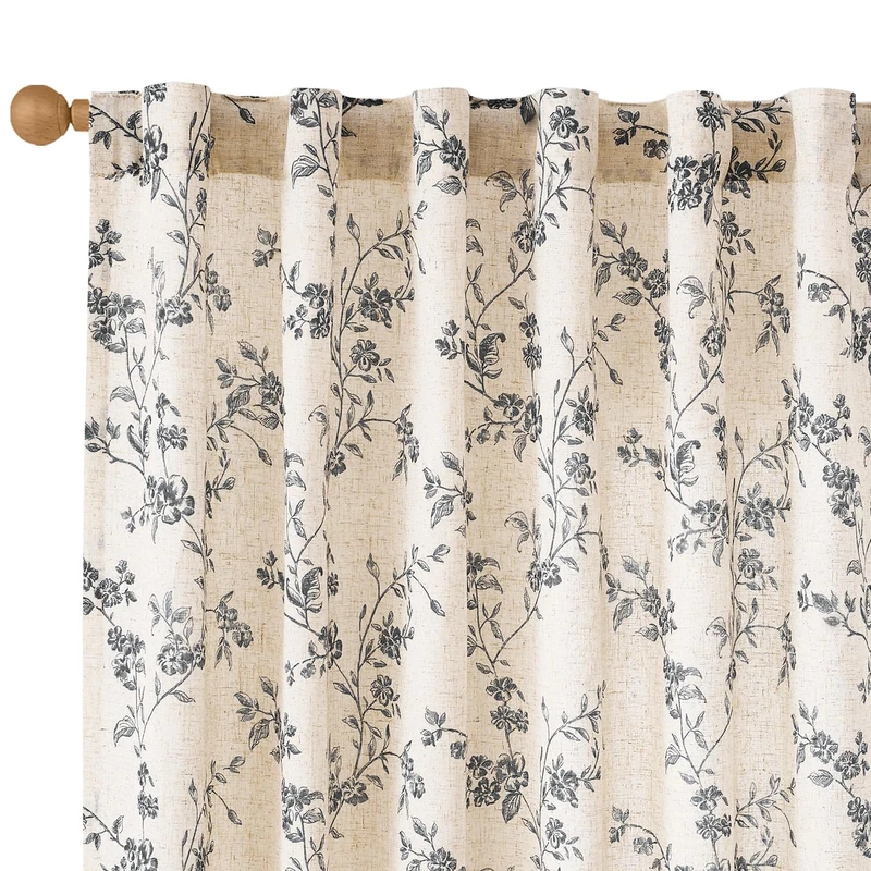 Lazzzy Black Vintage Floral Linen Curtains Farmhouse 50W X 90L 2 Panels