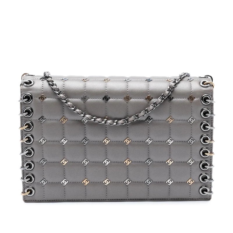 Pre-Loved Small Lambskin Chocolate Bar CC Piercing Studded Chain Flap Crossbody Bag