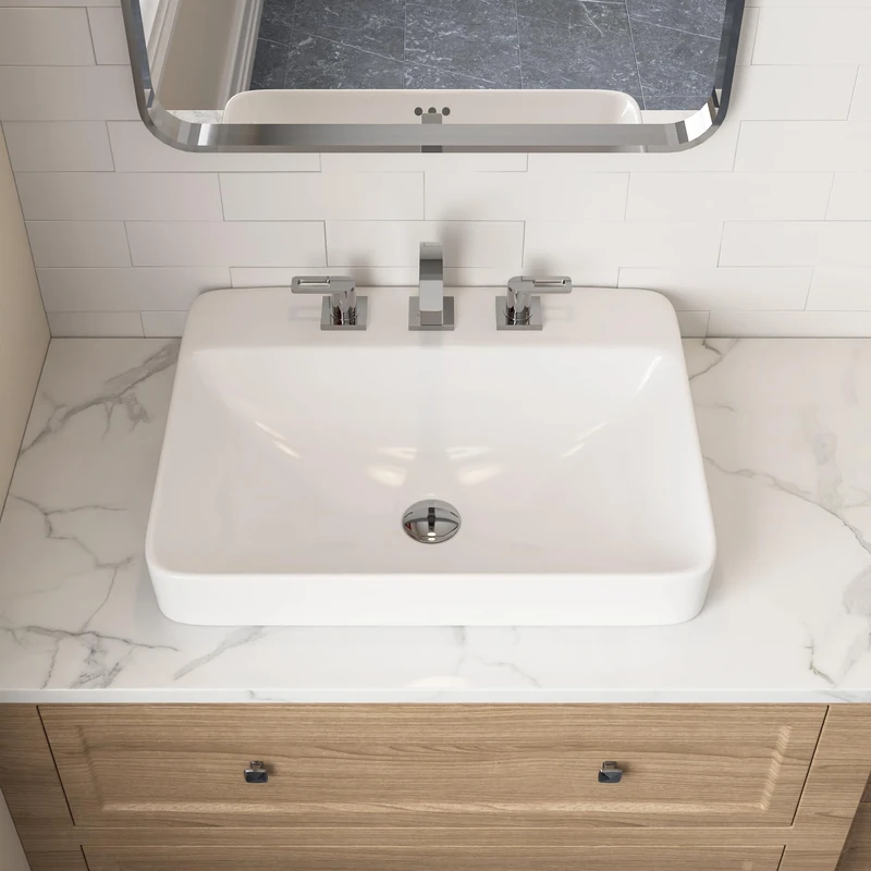 DeerValley 24x19 Inch Rectangular Drop-in Bathroom Sink, White Semi Recessed Vessel Sink with Overflow and Three Faucet Holes, Ceramic Vanity Basin, DV-1DS0121