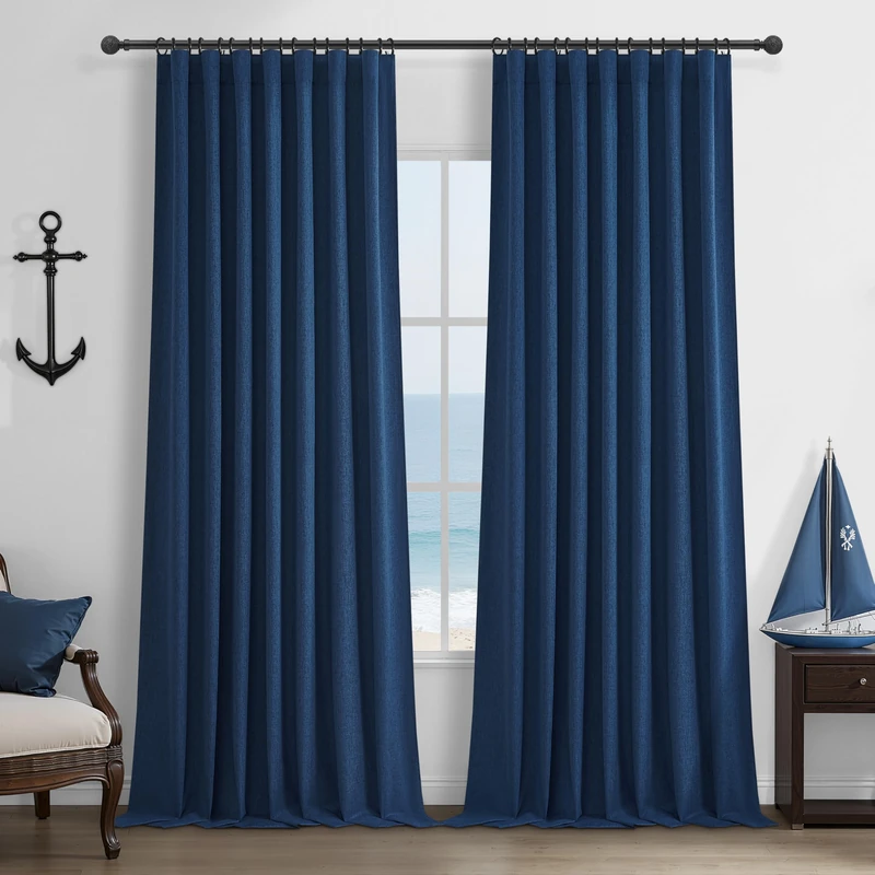 Navy Blue Blackout Curtains 92 Inch Length for Kids/Boys Rooms/Bedroom, Floor to Ceiling Track Pleated Drapes with Hooks Linen Thermal Coastal Curtain Dark Blue Window Burg 50"Wx92"Lx 2Panels Back Tab