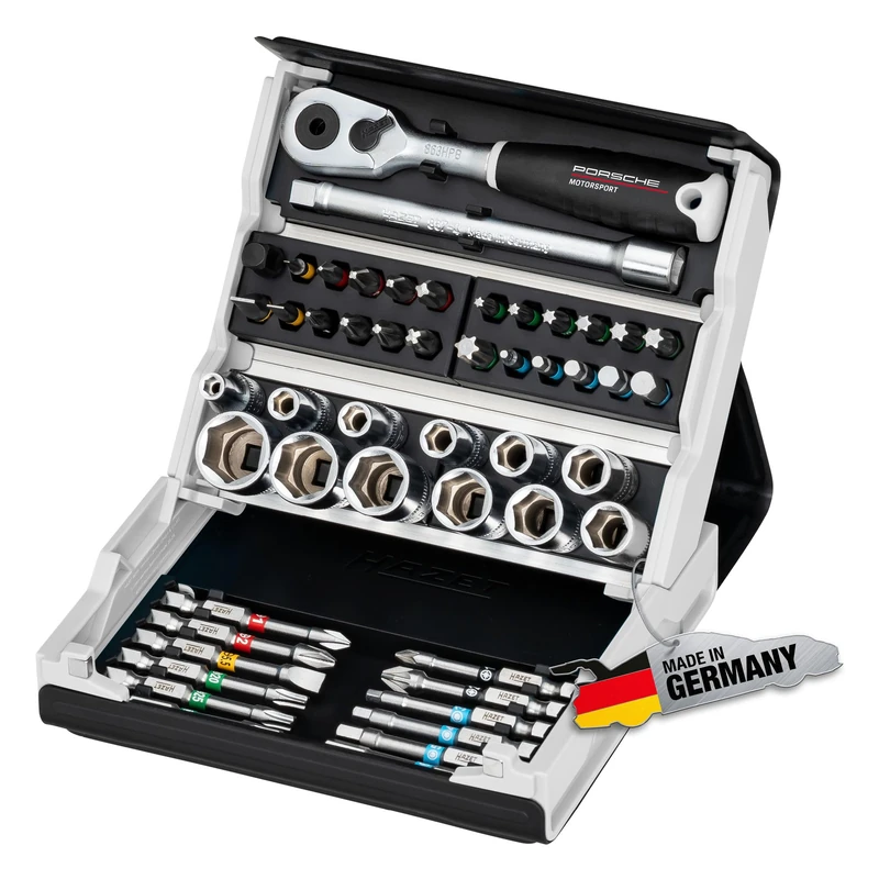 HAZET SmartCase Socket Spanner Set 2200SC-2-PD, 50 Pieces, Porsche Motorsport Edition, 1/4 Inch Reversible Ratchet, with Bits and Sockets